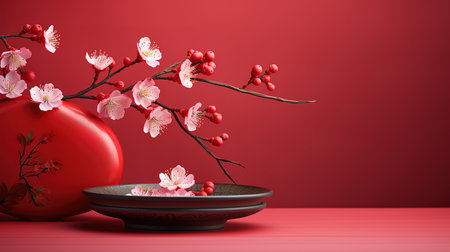 Cherry blossom chinese lantern and red pan background for product presentation. Generative Aiの素材