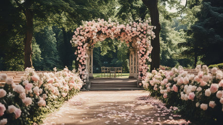 Front view of rich arch decorated with adorable fresh roses flowers. Generative Aiの素材
