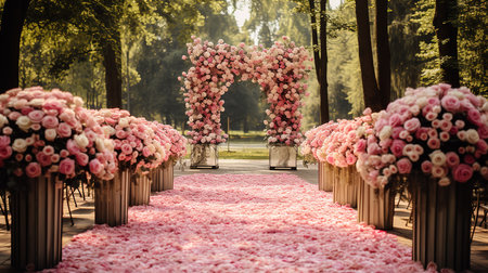 Beautiful romantic festive place made with wooden square and floral roses decorations. Generative Aiの素材