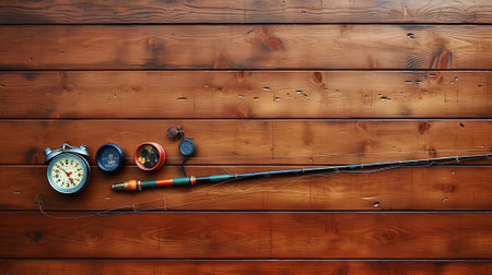 Overhead view of fishing rod and net on wooden pier. Generative Aiの素材
