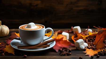 Coffee cup of cappuccino and marshmallows autumn leaves on surface old dark wood planks. Generative Aiの素材