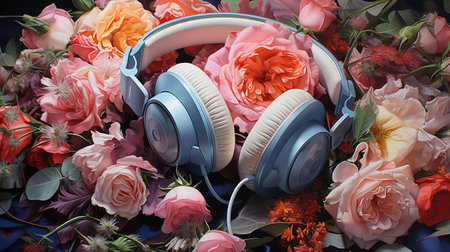 Headphone around the red heart between with two earphones. Generative Aiの素材