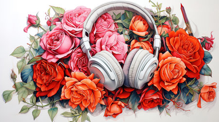 Headphone and roses, Bright color. Generative Aiの素材