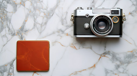 Above view of retro camera and empty notebook on marble background. Generative Aiの素材