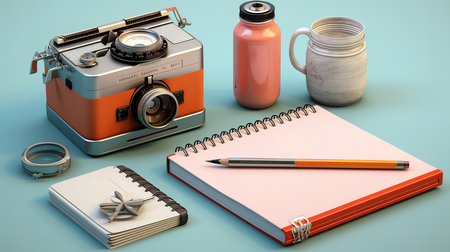 Pencil notepad and vintage film camera. Generative Aiの素材