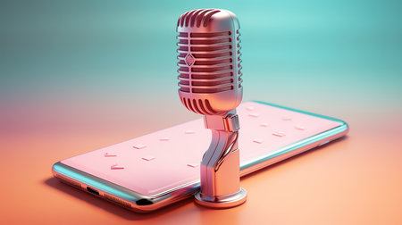 Vintage mic notebook and smartphone 3d rendering for podcast content. Generative Aiの素材
