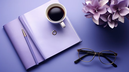 Workplace items arrangement flat lay. Generative Aiの素材