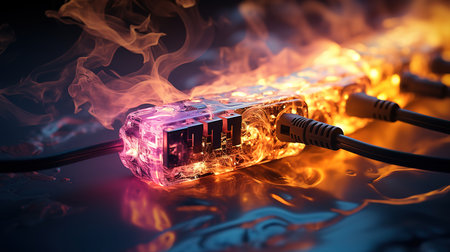 Smartphone with charger and electric socket on color background. Generative Aiの素材