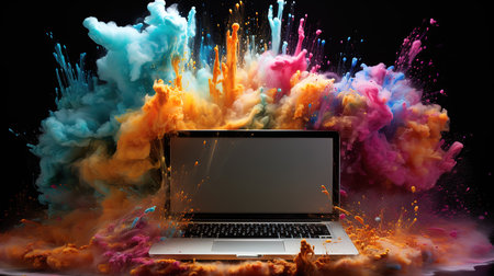 Laptop in neon light falling apart into small parts. Generative Aiの素材