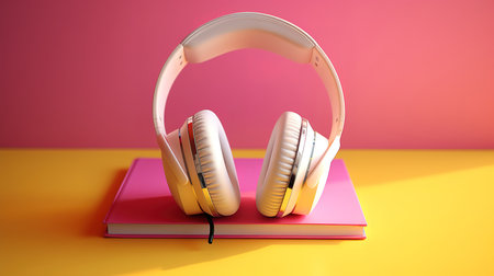 Audiobook Concept, Top View Of Stereo Headphones And Fanned Out Hardcover. Generative Aiの素材