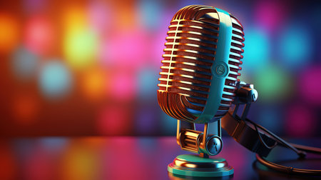 Retro microphone and headphones on color background. Generative Aiの素材