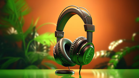 Vintage microphone and headphones on green background. Generative Aiの素材