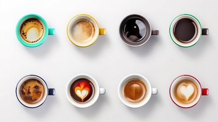 Different cups of coffee on wooden table, top view. Generative Aiの素材