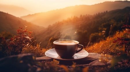 Dawn in the forest with coffee, Beautiful sunrise. Generative Aiの素材