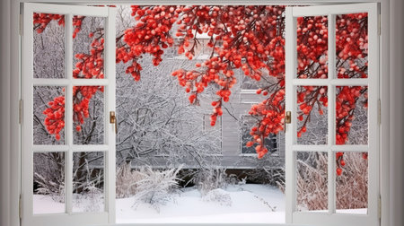 Colorful fairy light decoration over window frame against wooden background. Generative Aiの素材