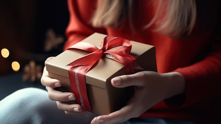 Young woman with coffee and gift box in front of laptop. Generative Aiの素材