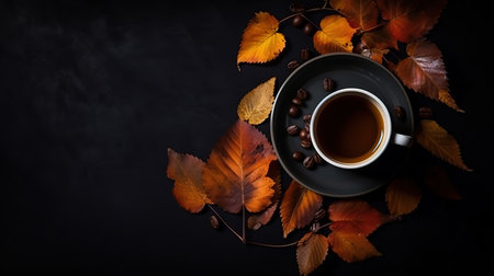 Autumn composition with an autumn yellow leaf and hot tea. Generative Aiの素材