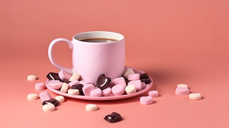 Mug, coffee beans, pink rose and chocolates candy hearts shaped. Generative Aiの素材