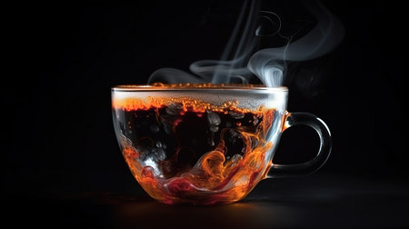 A coffee cup with ice and fire on black background. Generative Aiの素材
