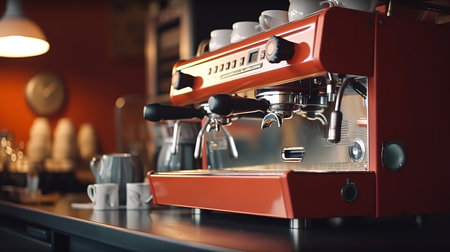 Side view of female cafe worker using coffee machine. Generative Aiの素材