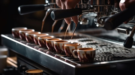 Barista prepares a hot shot of espresso the coffee dripping down. Generative Aiの素材