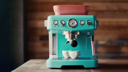 Fresh coffee in espresso coffee machine on wooden table copy space. Generative Aiの素材