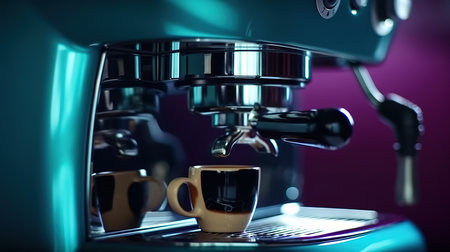 Close up view of modern espresso coffee machine making coffee in a cup. Generative Aiの素材
