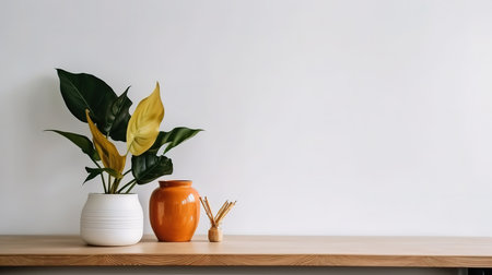 Wooden desk table top with tree pot on white wall. Generative Aiの素材