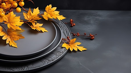 Autumn table setting with dry yellow oak leaves, fall decoration on grey. Generative Aiの素材