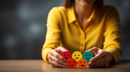 Woman hand choosing happy smile face paper cut, feedback rating and positive customer review. Generative Aiの素材