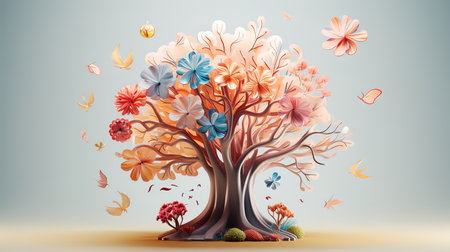 Human brain tree with flowers, self care and mental health concept. Generative Aiの素材