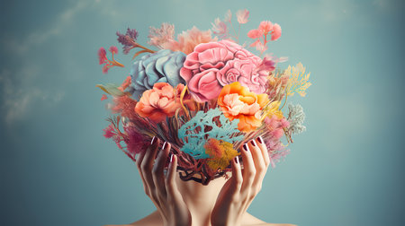 Hands holding paper head, human brain with flowers, self care and mental health concept. Generative Aiの素材