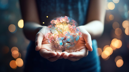 World mental health day concept, Human hands holding brain of earth. Generative Aiの素材