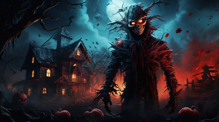 Illustration horror,scarecrow, halloween night house ,dark fantasy painting. Generative Aiの素材
