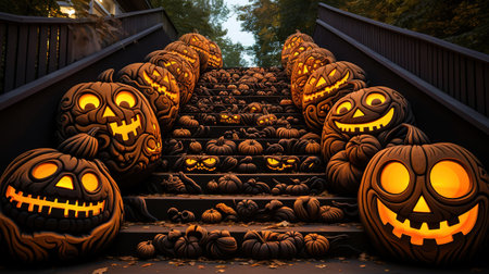 Carved pumpkins on stairs of black house, Bright color. Generative Aiの素材