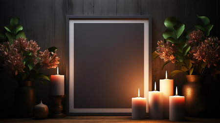 Mock-up poster in dark interior background with candles. Generative Aiの素材
