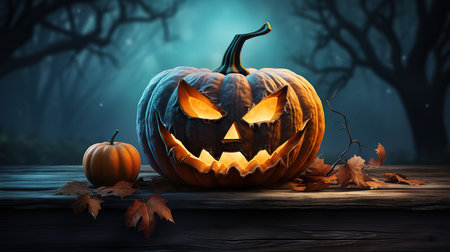One spooky halloween pumpkin, Jack O Lantern, with an evil face and eyes. Generative Aiの素材