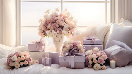 A room with flowers and a large curtain. Generative Aiの素材