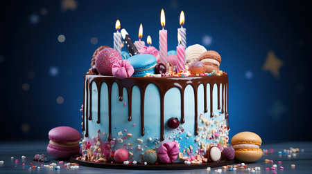 Birthday colorful cake decorated with sweets on a blue background poured. Generative Aiの素材