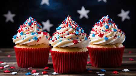 Patriotic American Themed Holiday Cupcakes/Dessert - Flag Red, White, and Blue Colors. Generative Aiの素材