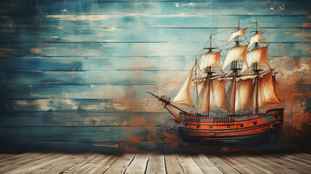 Vintage sailing wooden pirate boat. Generative Aiの素材