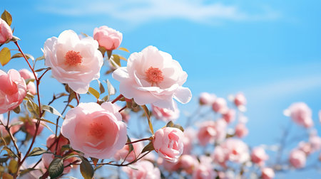 Beautiful spring border, blooming rose bush on a blue background. Generative Aiの素材