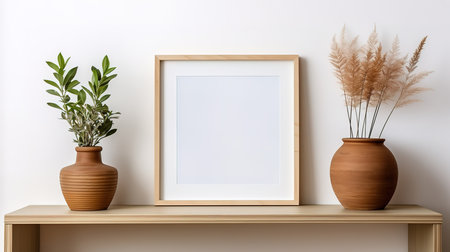 Portrait broun picture frame mockup on wooden table. wooden decor giraffe figure. Generative Aiの素材