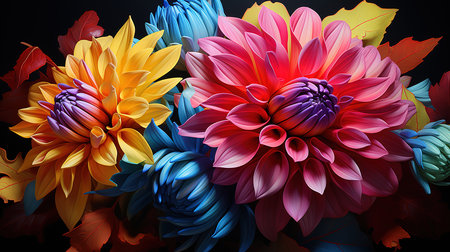 Close-up of decorative yellow and purple flowers. Generative Aiの素材