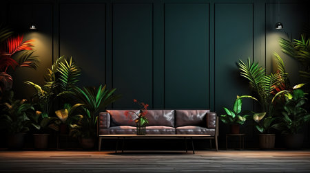 A dark room with plants and a dark background. Generative Aiの素材