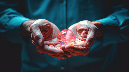 Unrecognizable young person holding hands of old woman. elderly, care, family concept. Generative Aiの素材