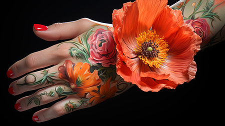Poppy flower hands, Bright color. Generative Aiの素材