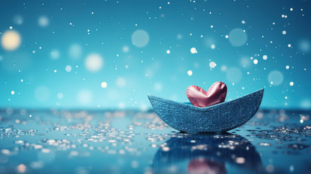 Valentine's day greeting card, Origami boat with heart flag on glitter blue background. Generative Aiの素材