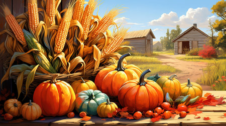 Horn of plenty with vegetables and fruits, stalks and autumn leaves, vector illustration. Generative Aiの素材