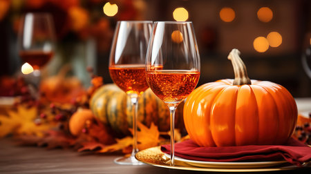 Close-up of cozy decor details of a festive autumn dining table with pumpkins. Generative Aiの素材